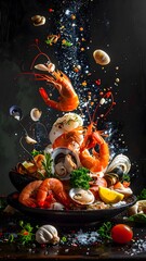 Fresh seafood and vegetables falling into a black bowl with water droplets and splashes, vibrant ingredients including lobster fish and greens, artistic culinary scene