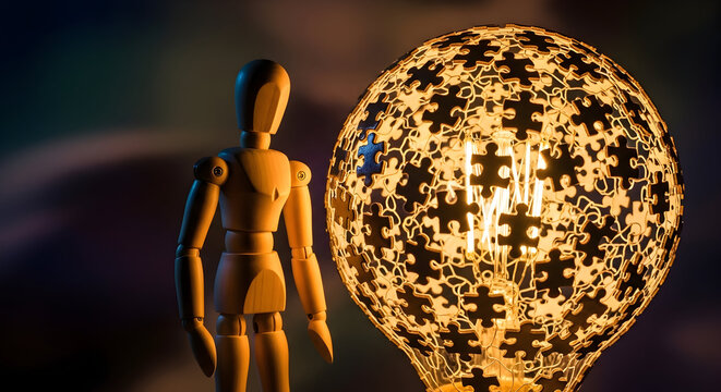 Wooden mannequin contemplates a glowing puzzle lightbulb representing ideas - Powered by Adobe