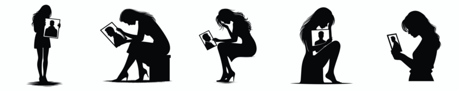vector silhouette of a sad broken-hearted woman looking at a photo of her ex-lover