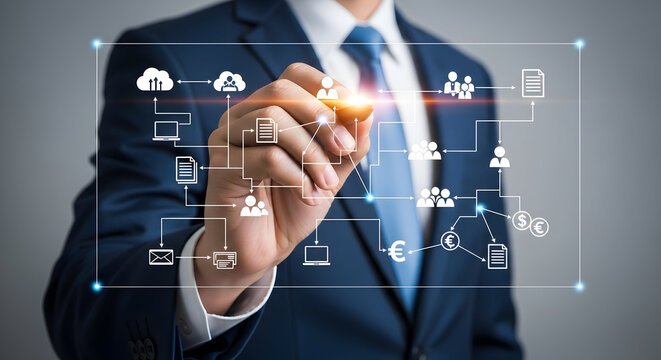 Business professional draws digital workflow diagram connecting data, people, and finance.