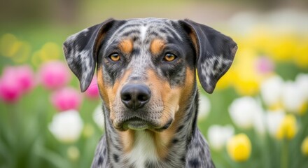 Catahoula Leopard Dog Close Up Portrait Vibrant Spring Tulip Garden Background