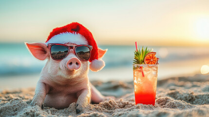 Festive pig sipping colorful cocktail, wearing sunglasses and Santa hat, relaxing on sandy beach during tropical Christmas sunset