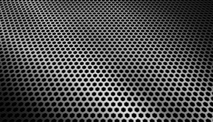 Naklejka premium Polished metallic surface with a repeating hexagonal honeycomb pattern. Sharp detailed perspective, depth and a futuristic technological. The metal texture enhance its reflective industrial.
