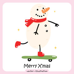 snowman with skateboard funny christmas vector illustration