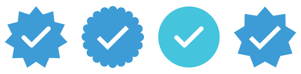 Blue verified account icon. Approved profile sign. Tick in rounded corners star. Top page logo. Check mark. safety person in web. Vector illustration