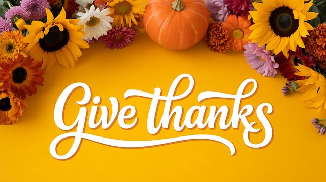 Give thanks text with autumn flowers and pumpkin on yellow background
