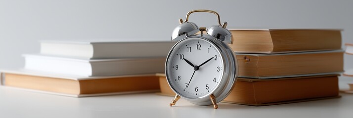 Classic silver alarm clock with stack of books on white desk