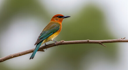 Obraz premium Stunning vibrant European bee eater perched on a branch against a soft green bokeh background, showcasing its exquisite plumage and delicate features.