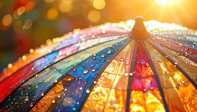 A colorful decorative umbrella with water drops in sunlight