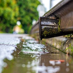 Low-angle view of a rain gutter and road. Roadside scene
