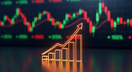 Dynamic financial growth chart with upward trending arrow and bar graph