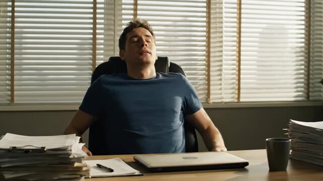 Man closing laptop at desk, leaning back, and looking tired. Professional burnout and depression concept footage.