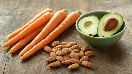 Fresh carrots, halved avocado, and almonds rest near a green bowl on a wooden table