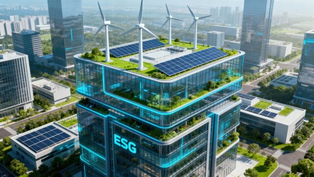 Stylized ESG dashboard UI over diverse team collaboration, real-time sustainability data Concept Sustainable urban building with wind turbines and solar panels.