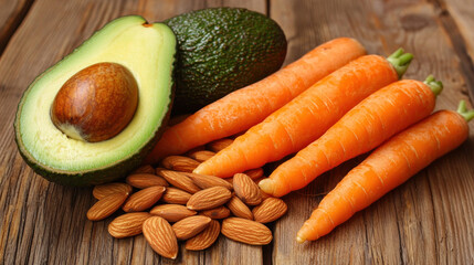 A sliced avocado, carrots, and almonds arranged on a weathered wooden surface
