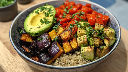 Delicious veggie bowl featuring roasted vegetables, avocado, quinoa, and fresh herbs