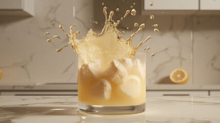 A refreshing drink splashes from a glass with ice, against a modern kitchen backdrop