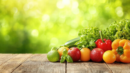Fresh produce displayed on a rustic wooden surface with a blurred natural green background