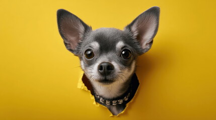 Obraz premium Chihuahua peeking through a torn yellow backdrop with curious expression and playful demeanor Generative AI