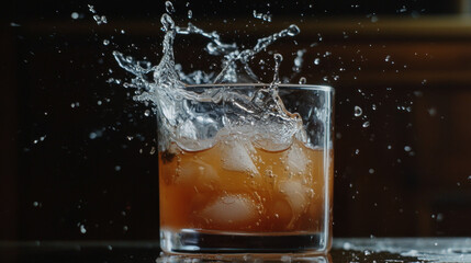 A glass of amber liquid with ice cubes explodes with a splash of water in dark setting