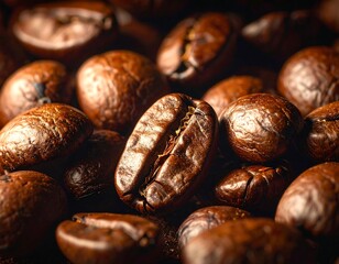 Macro shot of roasted brown coffee beans in a close-up, detailed view