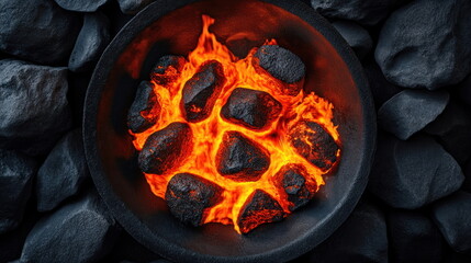 Hot coals glowing in a circular grill on dark stones, preparing for outdoor cooking or barbecue Generative AI