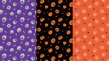 A spooky Halloween seamless vector patterns pack includes pumpkins, skulls, and spiderwebs with spiders In classic colors orange purple black white