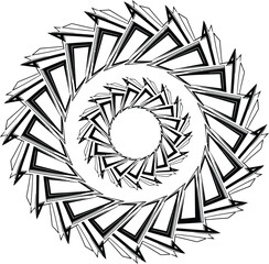 Abstract Vector Spiral Ornament with Fractal Triangles, a Hypnotic Op Art Design with Geometric and Art Deco Motifs