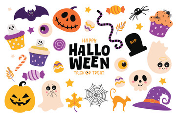 Halloween colorful elements vector set design. Happy Halloween with pumpkins, ghost, cup cake, bat and cat flat colorful elements collection isolated in white background. Vector illustration