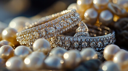 Two ornate diamond bracelets sit atop lustrous pearls, catching the light