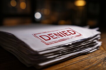 Stack of documents with red 'DENIED' stamp on a rustic wooden table, concept for loan rejection, application refusal and insurance claim denial