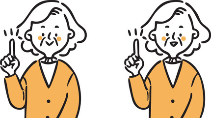 人差し指を立てて説明するおばあさん　上半身　ベクター（オレンジ）
