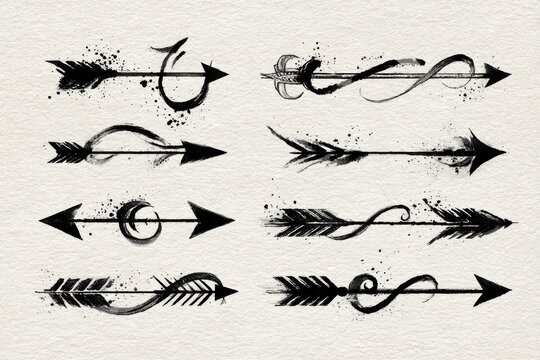 Ten artistic arrows drawn in black ink show different designs and styles on an off white background, creating a rustic and ornamental effect