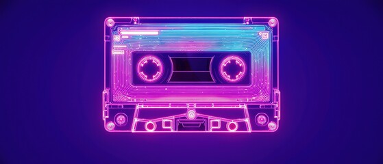 Obraz premium Vibrant retro audio cassette glowing in neon colors. Symbolizes nostalgia, vintage music, and creative retro aesthetic.