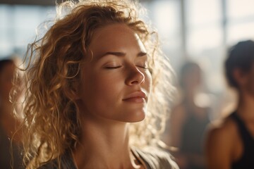Close-up of serene woman with curly hair meditating with eyes closed in bright light, concept for mindfulness practice, relaxation techniques and wellness promotion