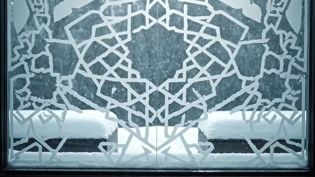 Elegant Geometric Pattern on Frosted Glass Window. Intricate Ornamental Design. Decorative Architectural Motif.