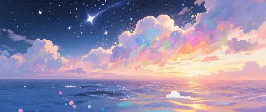 A beautiful summer sunset and sunrise over the sea and ocean with an orange and blue cloudscape in the sky