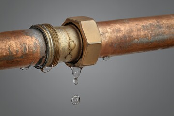 Close up of leaky copper pipe with water droplets forming against grey background. Concept for plumbing issues, home repair, water damage and leak detection