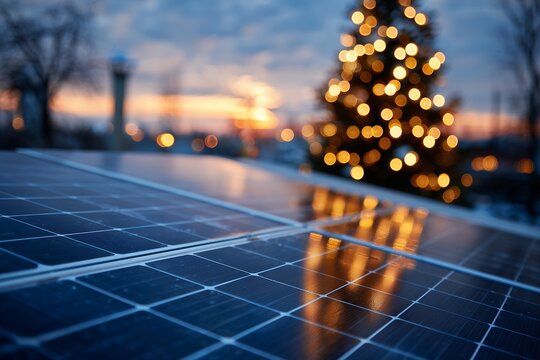Solar panels with Christmas tree bokeh at dusk, capturing reflections of festive lights on the panel surface. Concept for sustainable holidays, renewable energy celebration and green technology
