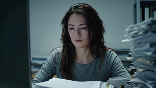 Woman working late on computer, looking tired and overwhelmed by high pile of documents in office, burnout concept. Footage.