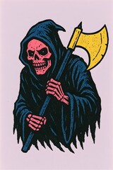 Grim reaper wielding a menacing axe, a chilling embodiment of mortality in a bold, graphic style, perfect for Halloween themes and edgy designs