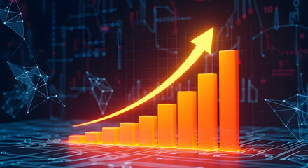 Dynamic business growth chart with upward arrow and network data