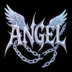 Edgy angel graphic with iridescent wings and broken chains for alternative fashion or rebellious brand aesthetic, ideal for edgy streetwear designs