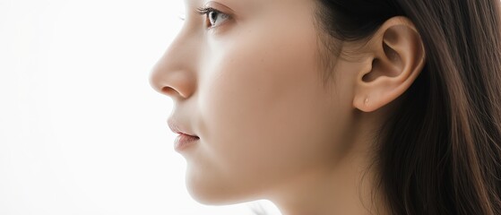 Fototapeta premium Side profile of a young person in soft natural light. Gentle tones emphasize calm, delicate features, and serene mood.