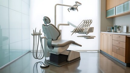 sterile dental clinic examination room with dental chair and equipment in the, emphasizing cleanliness and modern technology for patient care, created with generative ai
