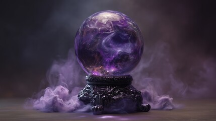 Mystical crystal ball with swirling purple energy on ornate stand surrounded by ethereal smoke, concept for divination rituals, fantasy themed designs and mystical arts inspiration