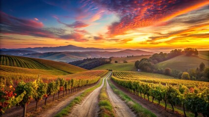 Serene Vineyard Road at Sunset A picturesque country lane meanders through rows of grapevines, bathed in the warm glow of a breathtaking sunset over rolling hills.
