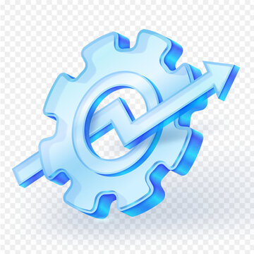 3D gear blue glass icon with an upward arrow, symbolizing strategy business growth, process optimization and performance improvement on transparent background. Vector illustration.