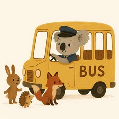 Adorable koala driving school bus with happy rabbit, hedgehog, and fox animal friends, perfect for children's storybooks and educational content
