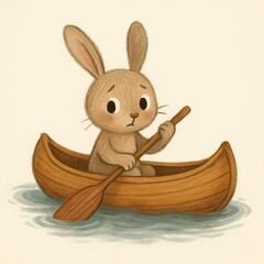 Adorable bunny paddling wooden canoe on tranquil waters, evokes nostalgia and childlike wonder perfect for storybooks or whimsical designs